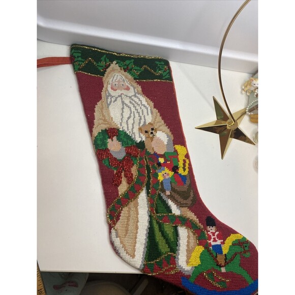 vintage needlepoint CHRISTMAS STOCKING with old world Santa With Beads - Picture 1 of 8